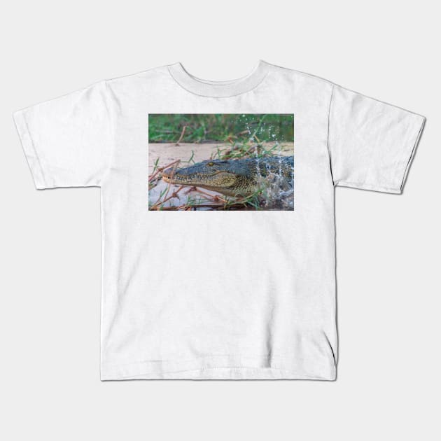 Nile Crocodile Lunging into Water Kids T-Shirt by SafariByMarisa